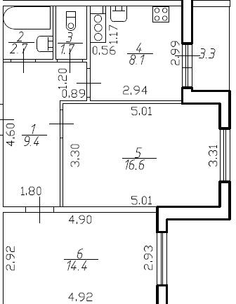 Двухкомнатная квартира 52.9 м²